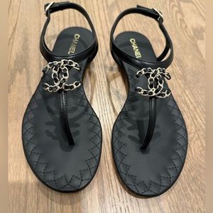 Chanel Black Lambskin Thong Sandals